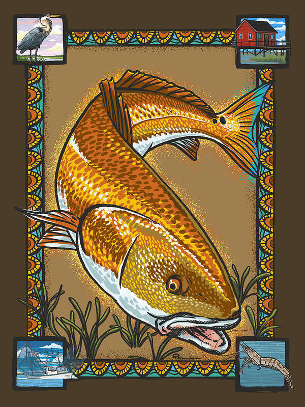 Redfish Art Print featuring the digital art A Redfish Story by Kevin Putman