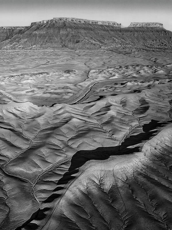 Utah Badlands Art Print featuring the photograph Aerial Utah Badlands BW by Susan Candelario