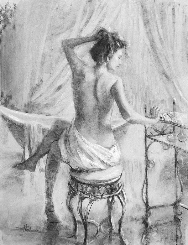 Bath Art Print featuring the drawing After the Bath Grayscale by Steve Henderson