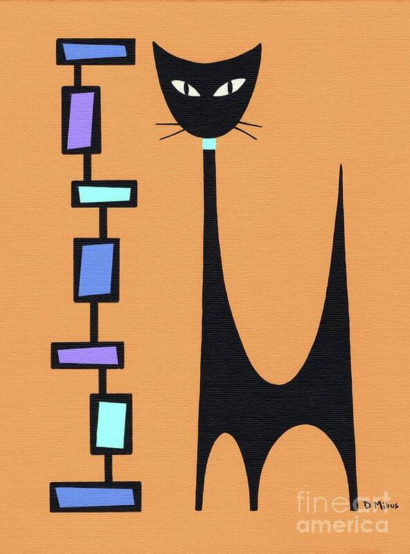 Mid Century Modern Black Cat Art Print featuring the painting Atomic Cat with Mod Rectangle Tower by Donna Mibus