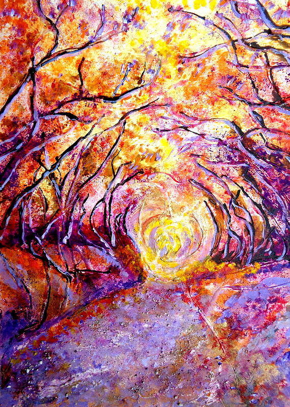Dark Branches Art Print featuring the painting Autumn forest path by Sarah Hornsby