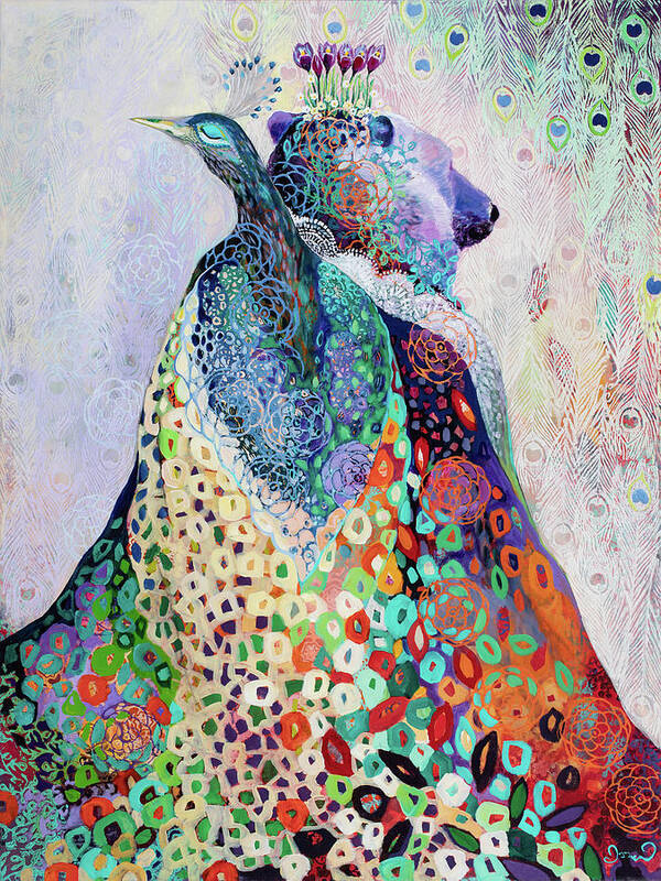 Bear Art Print featuring the painting Bear and Peacock by Jennifer Lommers