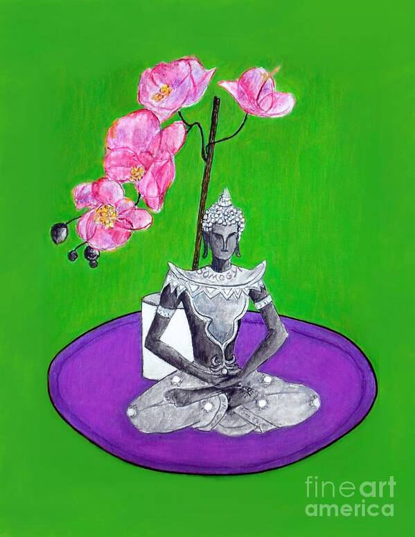 Buddha Art Print featuring the painting Beautiful Buddha Under Orchids by Jayne Somogy