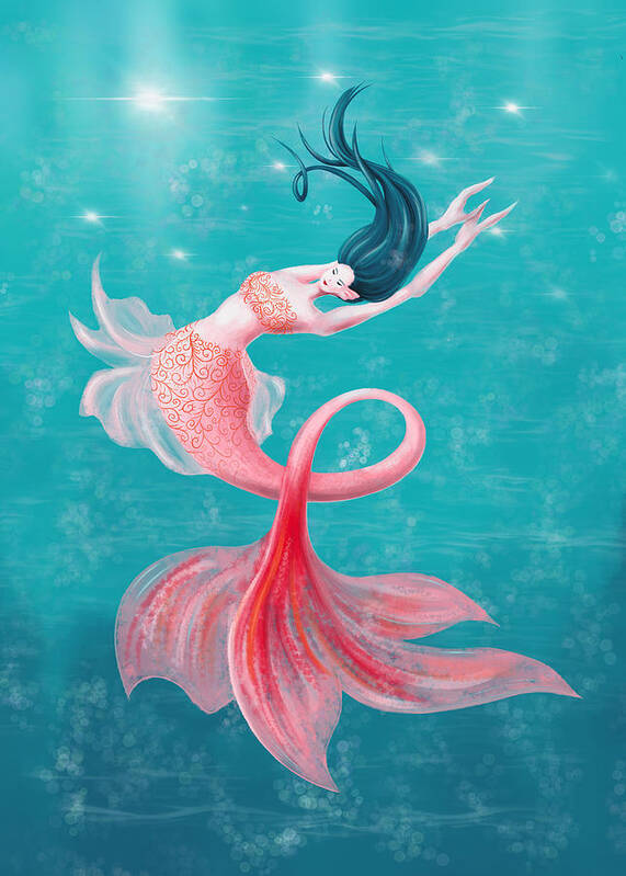 Mermaid Art Print featuring the digital art Beautiful Mermaid In Pink And Blue by Boriana Giormova