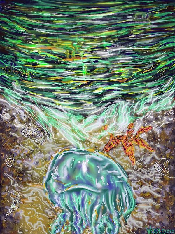 Seascape Art Print featuring the digital art Bioluminescence by Angela Weddle