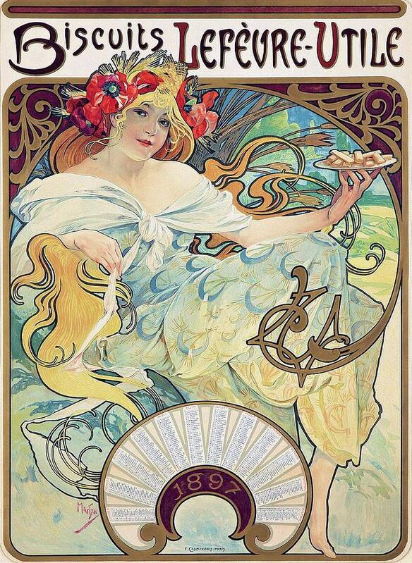 Mucha Art Prints Art Print featuring the painting Biscuits Lefevre Utile 1896 Mucha Art Nouveau Poster by Vincent Monozlay