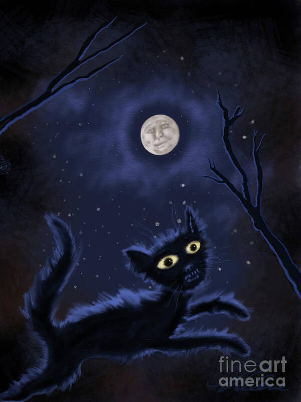 Cat Art Print featuring the digital art Black Cat Full Moon by Valerie White