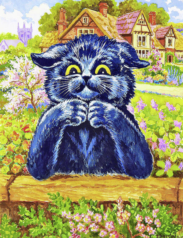 Black Cat In The Garden Art Print featuring the painting Black cat in the garden - Digital Remastered Edition by Louis Wain