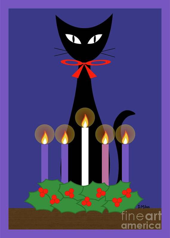 Christmas Art Print featuring the digital art Black Cat with Christmas Advent Wreath by Donna Mibus