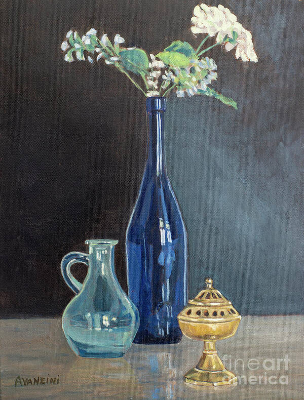 Taste Art Print featuring the painting Blue Glass Wine Bottle with Flowers Water Jug and Censer Still Life by Pablo Avanzini