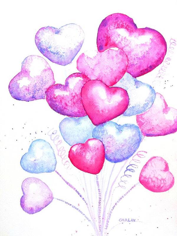 Balloons Art Print featuring the painting Bouquet of Love Hearts by Carlin Blahnik CarlinArtWatercolor