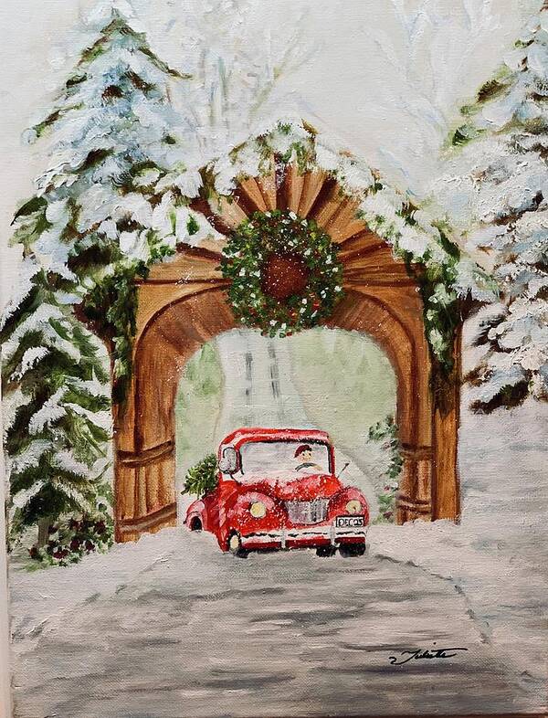 Red Truck Art Print featuring the painting Bringing Home the Tree by Juliette Becker