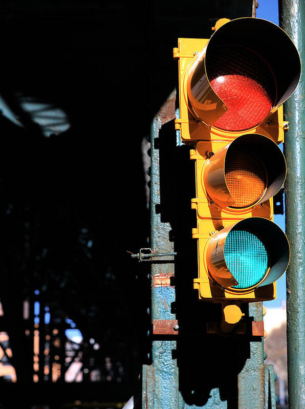 Traffic Signal Art Print featuring the photograph Broadway Traffic Signal under Manhattan Valley 1 Train Viaduct by Steve Ember