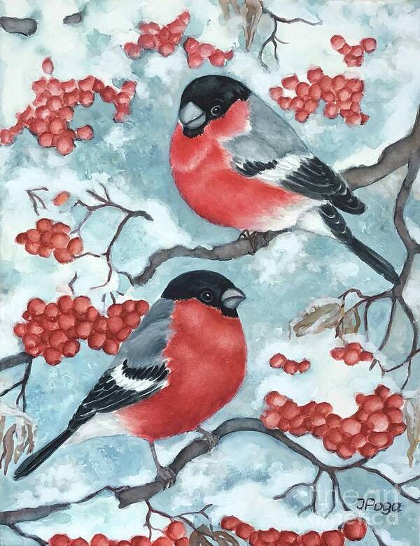 Bird Watercolor Art Print featuring the painting Bullfinch Couple by Inese Poga