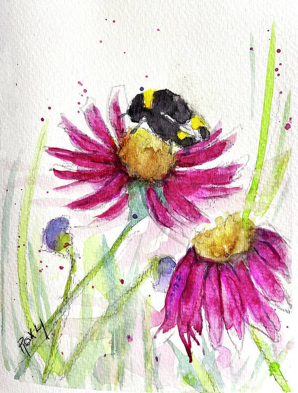 Bee Painting Art Print featuring the painting Bumble Bee in the Coneflowers by Roxy Rich