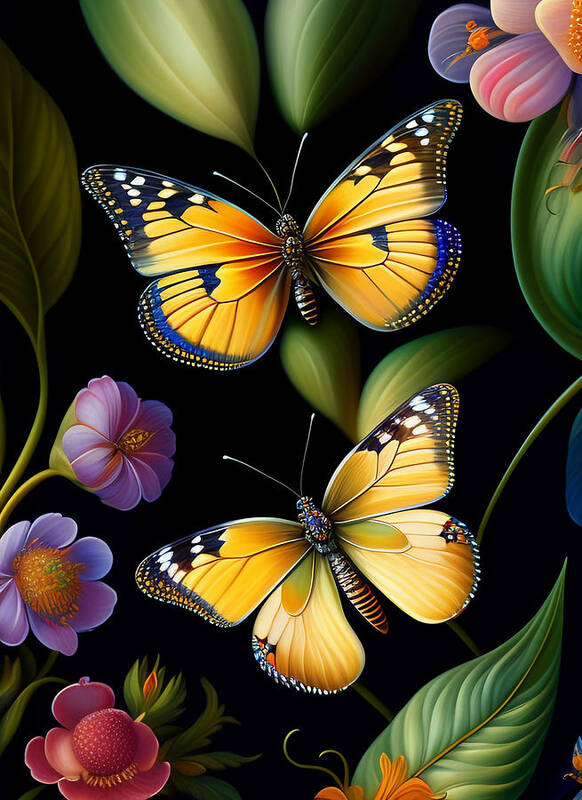 Illustration Art Print featuring the digital art Butterflies in the Garden by Lori Hutchison