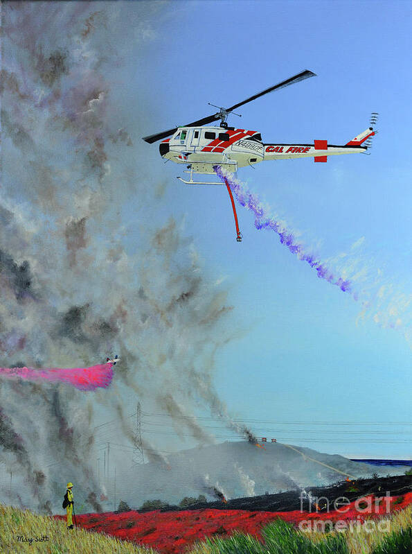 Helicopter Art Print featuring the painting CAL FIRE Heroes by Mary Scott