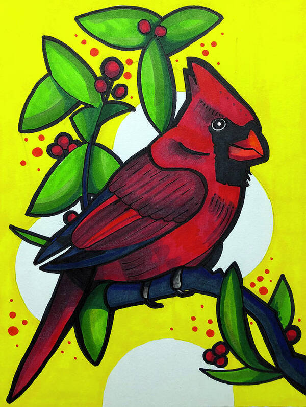 American Cardinal Art Print featuring the drawing Cardinal With Berries by Creative Spirit