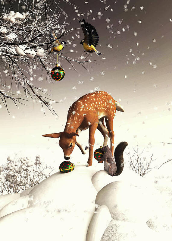 Christmas Art Print featuring the digital art Christmas scene with a deer and squirrels by Jan Keteleer