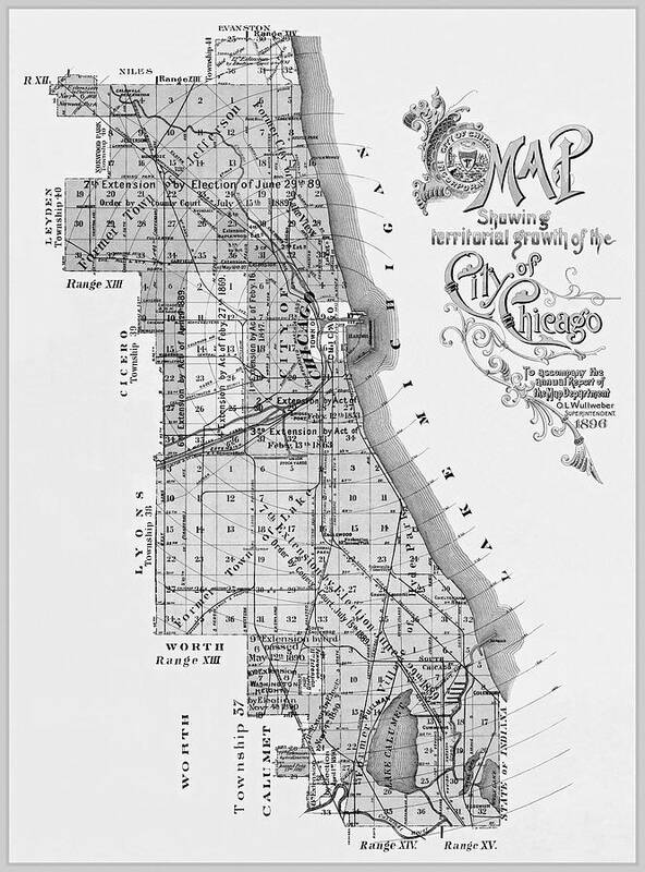 Chicago Art Print featuring the photograph City of Chicago Antique Map 1896 Black and White by Carol Japp