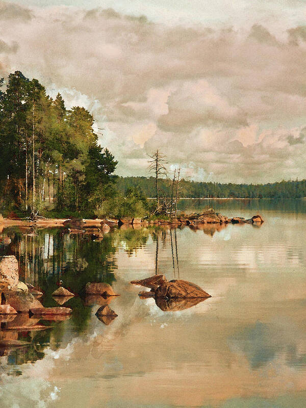 Cloudy Art Print featuring the painting Cloudy Morning at the Lake by Alex Mir