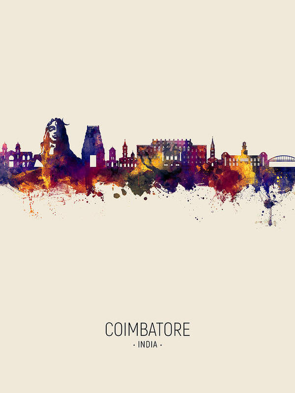 Coimbatore Art Print featuring the digital art Coimbatore Skyline India #79 by Michael Tompsett