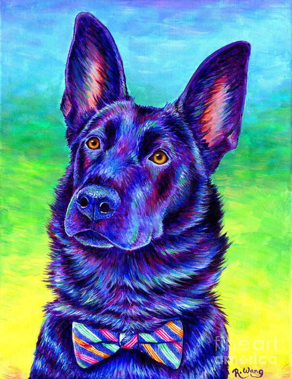 German Shepherd Art Print featuring the painting Colorful Black German Shepherd Dog by Rebecca Wang
