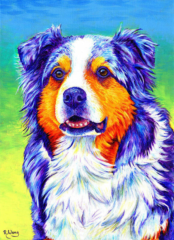 Australian Shepherd Art Print featuring the painting Colorful Blue Merle Australian Shepherd Dog by Rebecca Wang