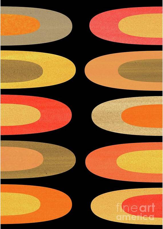 Tan Art Print featuring the mixed media Concentric Oblongs in Warm Colors on Black by Donna Mibus