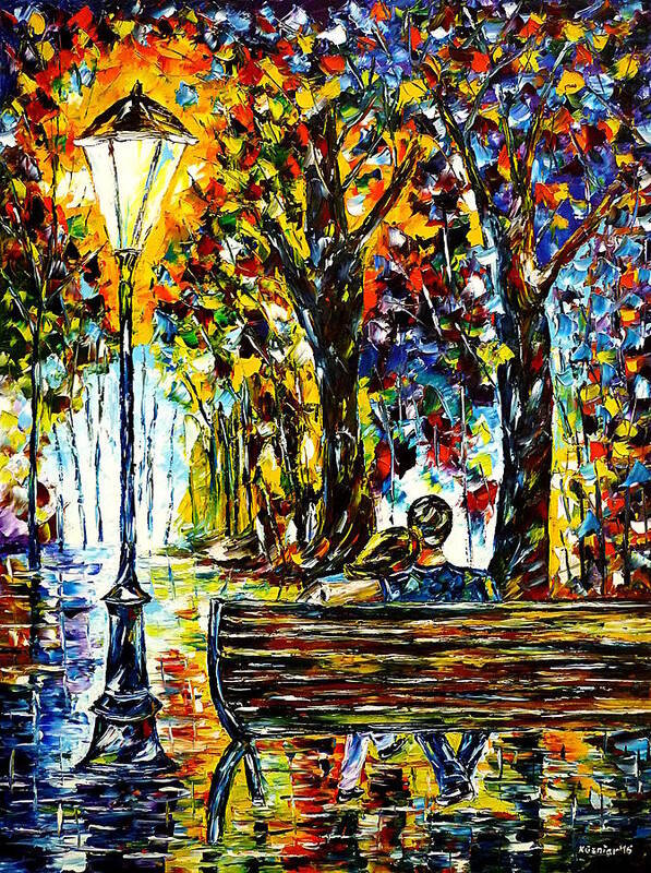Lovers On A Bench Art Print featuring the painting Couple On A Bench by Mirek Kuzniar