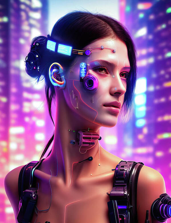 Woman Art Print featuring the digital art Cyberpunk Woman 01 Futuristic City Portrait by Matthias Hauser