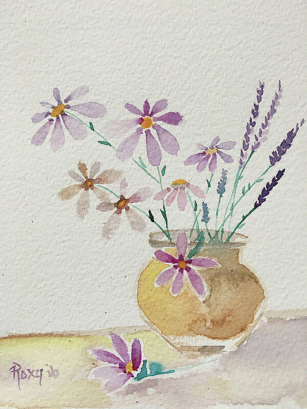 Daisies Art Print featuring the painting Daisies and Lavender by Roxy Rich