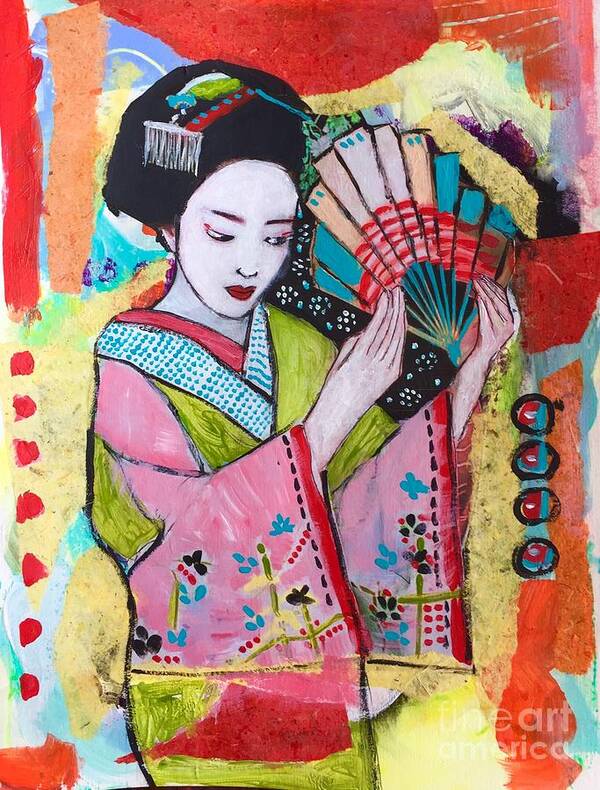 Dancing Maiko Art Print featuring the mixed media Dancing maiko by Corina Stupu Thomas