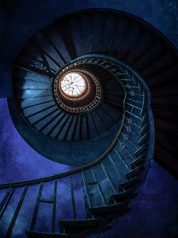 Staircase Art Print featuring the photograph Dark blue spiral staircase by Jaroslaw Blaminsky
