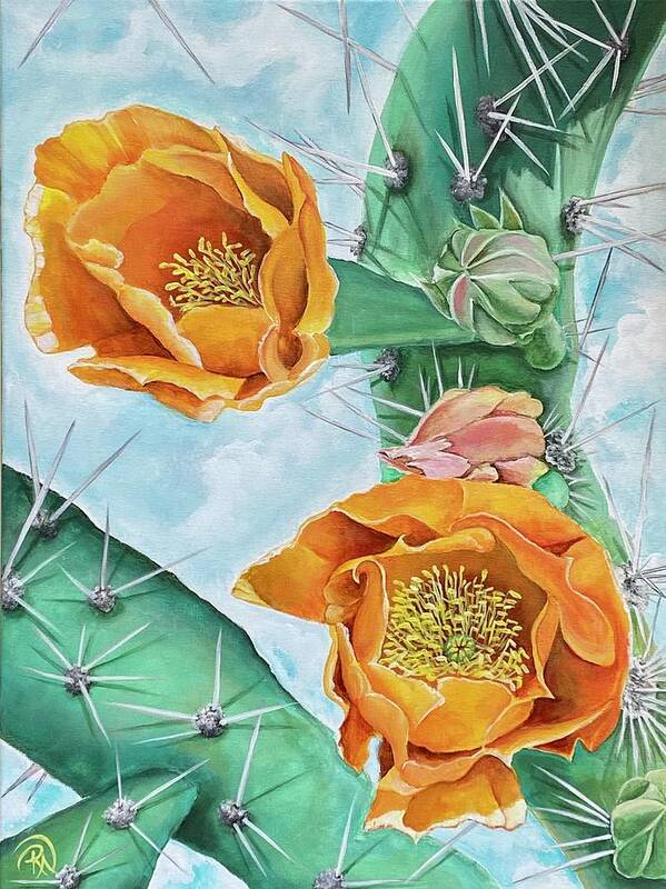 Desert Art Print featuring the painting Desert Blooms-Gold by Renee Noel