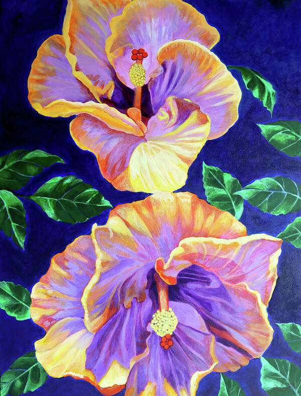 Orange And Violet Hibiscus Flowers Art Print featuring the painting Durga and Kali by Kyra Belan