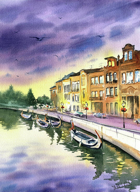 Portugal Art Print featuring the painting Dusk In Aveiro Portugal Painting by Dora Hathazi Mendes
