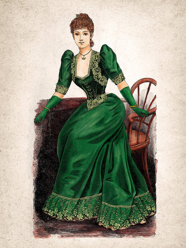 Vintage Style Art Print featuring the painting Elegant victorian lady with green dress, 1890 vintage fashion woman by Nadia CHEVREL