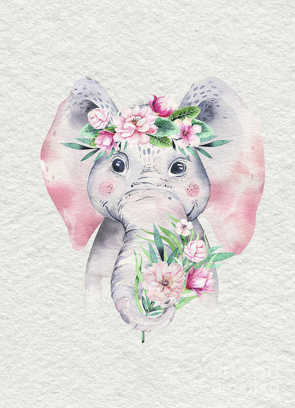 Elephant Art Print featuring the painting Elephant With Flowers by Nursery Art