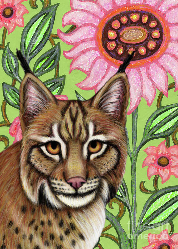 Lynx Art Print featuring the painting Eurasian Lynx Folksy Floral by Amy E Fraser