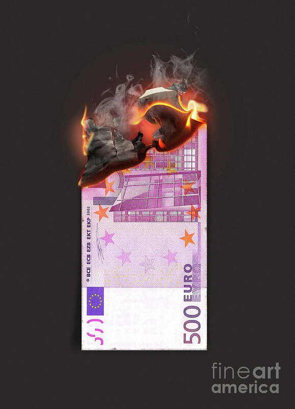 Euro Art Print featuring the digital art Euro Burning Cash Note by Allan Swart
