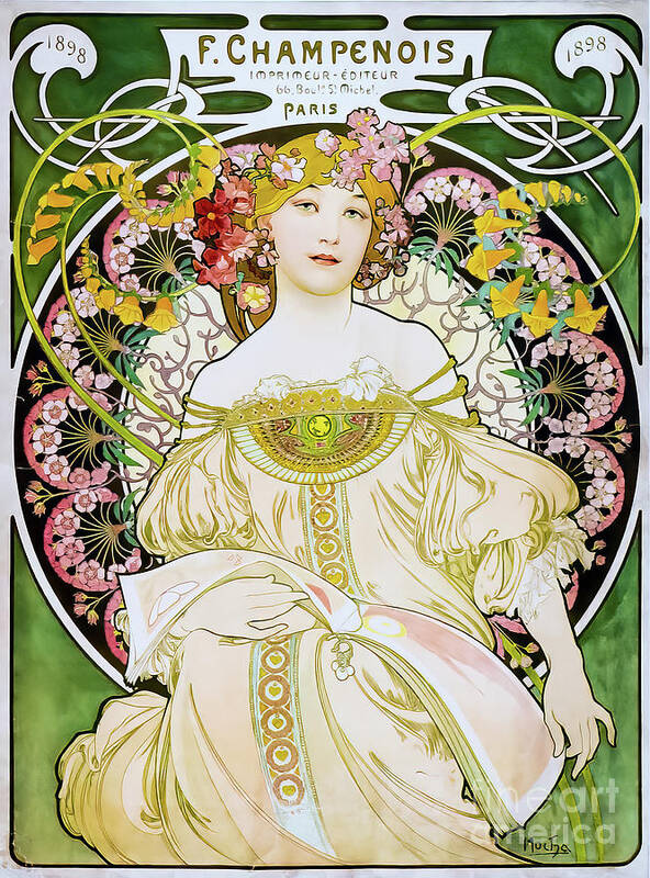 Alphonse Art Print featuring the drawing F Champenois Paris Poster 1898 by Alphonse Mucha by M G Whittingham