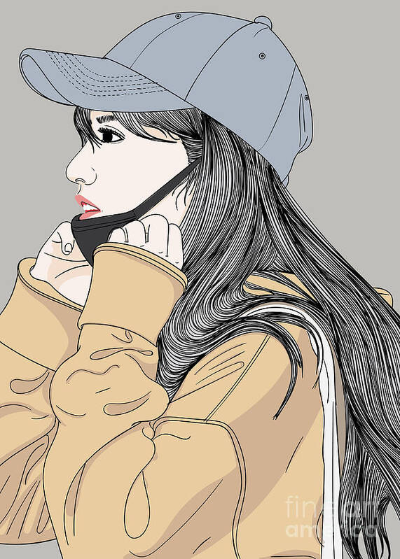 Graphic Art Print featuring the digital art Fashion Girl Wearing A Face Mask - Line Art Graphic Illustration Artwork by Sambel Pedes