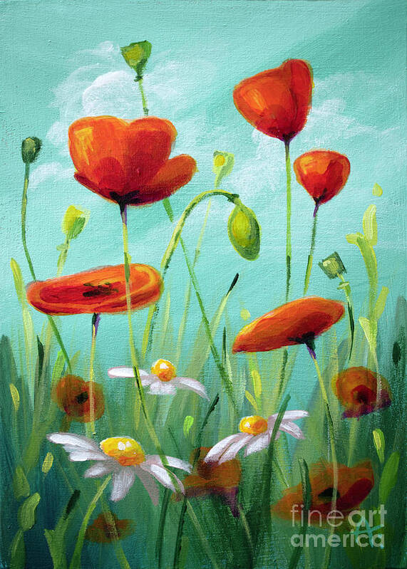 Summer Art Print featuring the painting Fast Friends - Poppies and Daisies by Annie Troe