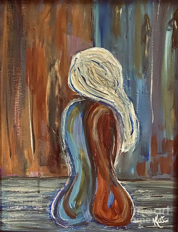 Woman Exposed Red Blue Art Print featuring the painting Feeling Exposed by Kathy Bee