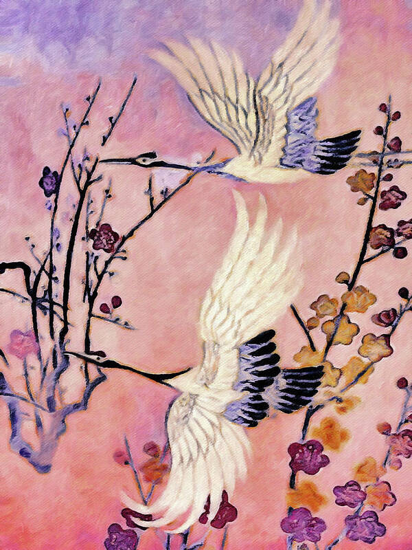 Flight Of The Cranes Art Print featuring the painting Flight of the Cranes - Kimono Series by Susan Maxwell Schmidt