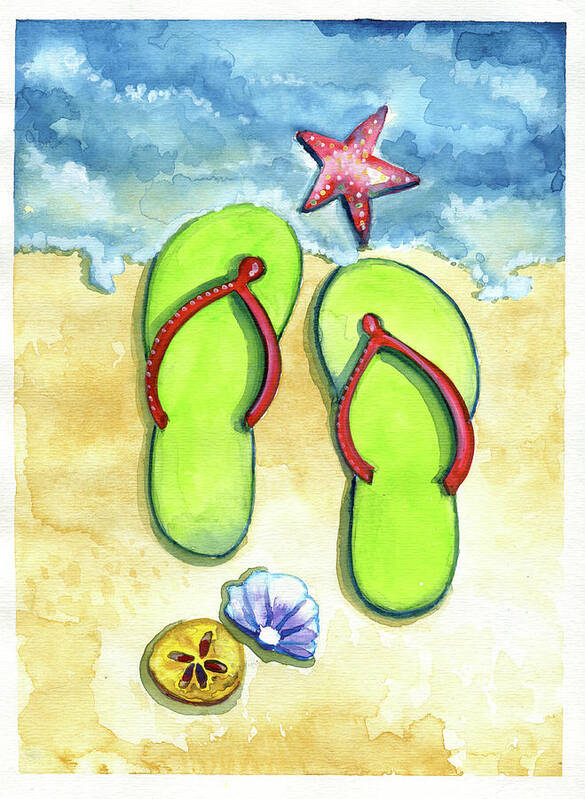 Walking On The Beach Art Print featuring the painting Flip Flops on the Beach by Michele Fritz