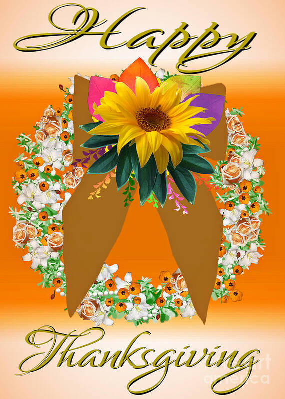Happy Art Print featuring the digital art Floral Wreath Happy Thanksgiving Card by Delynn Addams