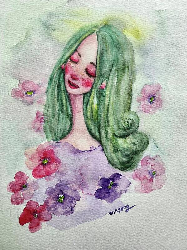 Flowers Art Print featuring the painting Flowery Girl by Mikyong Rodgers