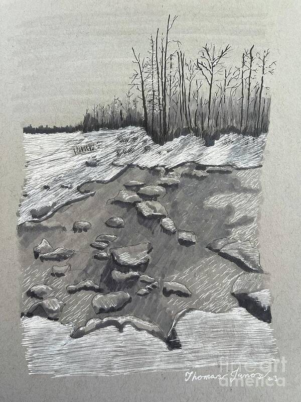 Landscape Art Print featuring the drawing Frozen Creek Bed by Thomas Janos